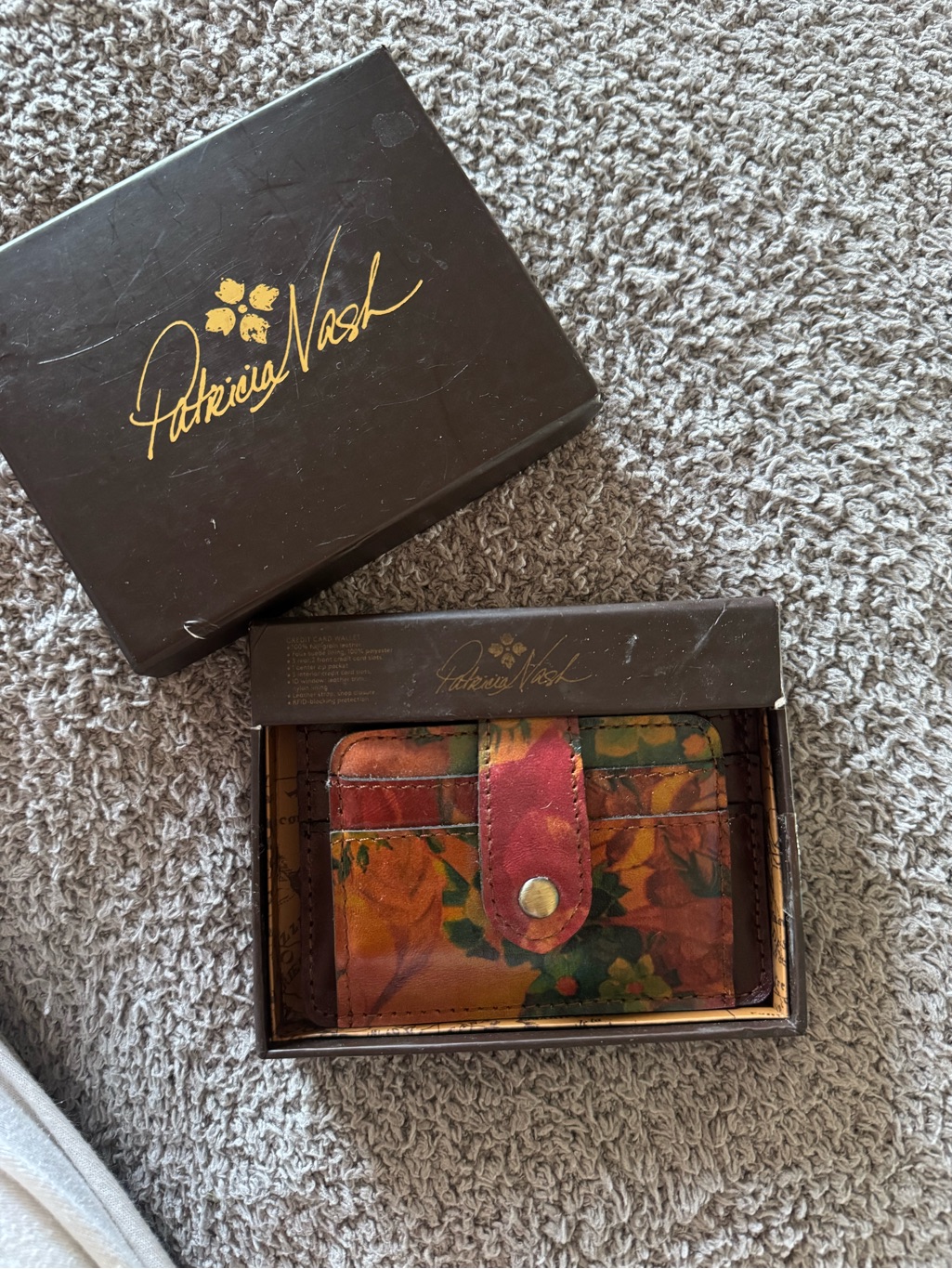Patricia Nash Painted Floral Leather Card Case Wallet In Warm Tones New In Box